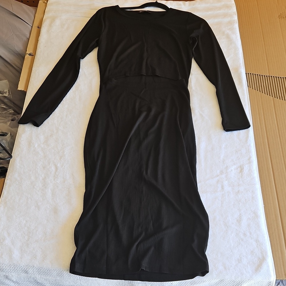 Prettygarden Black Long Sleeve Bodycon Dress Ribbed Knit Polyester Pullover M